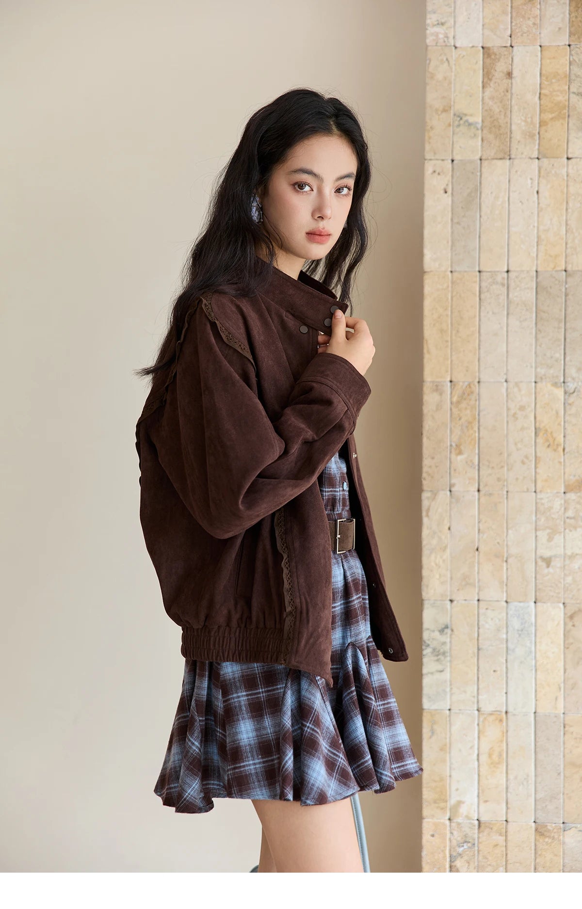 Mishow Blue Plaid Turn-Down Collar Belt Dress MXE48L2525
