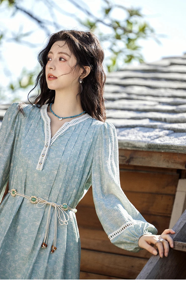 Mishow French V-Neck Hollow Lace Print Dress MXE12L2096