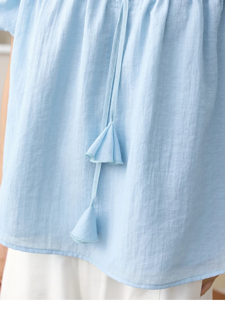 MISHOW Mist Blue One Shoulder Blouse Elastic Pleated Puff Sleeve MXE34X1796