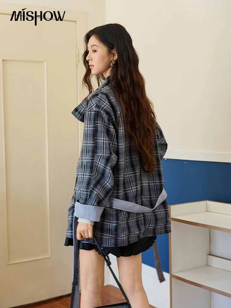 Mishow Blue Plaid Two-Sided Trench Coat MXE48W0871