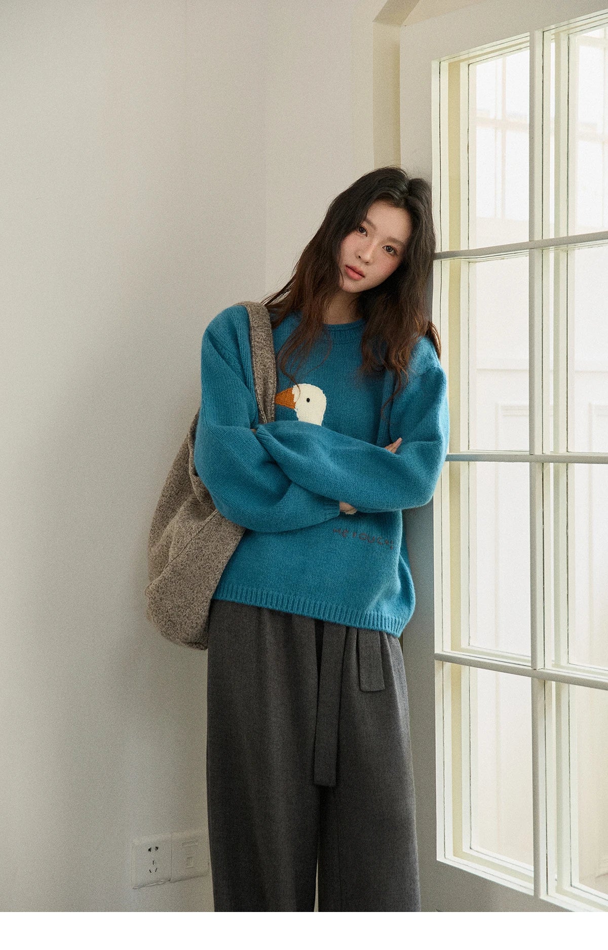 Mishow Peacock Blue Jacquard Loose Sweater MXE86Z2751
