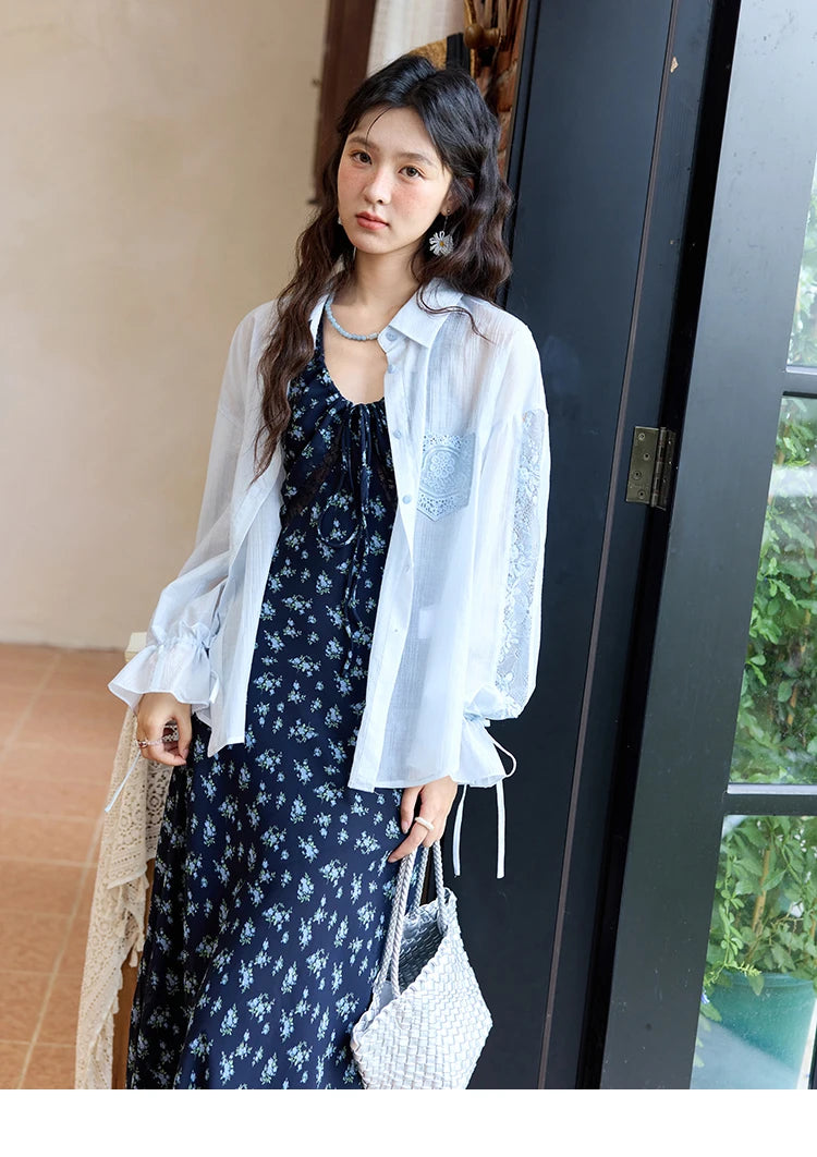 MISHOW Women's Patchwork Lace Shirt Lapel Drop Sleeve Drawstring Cuffs MXE31C0789