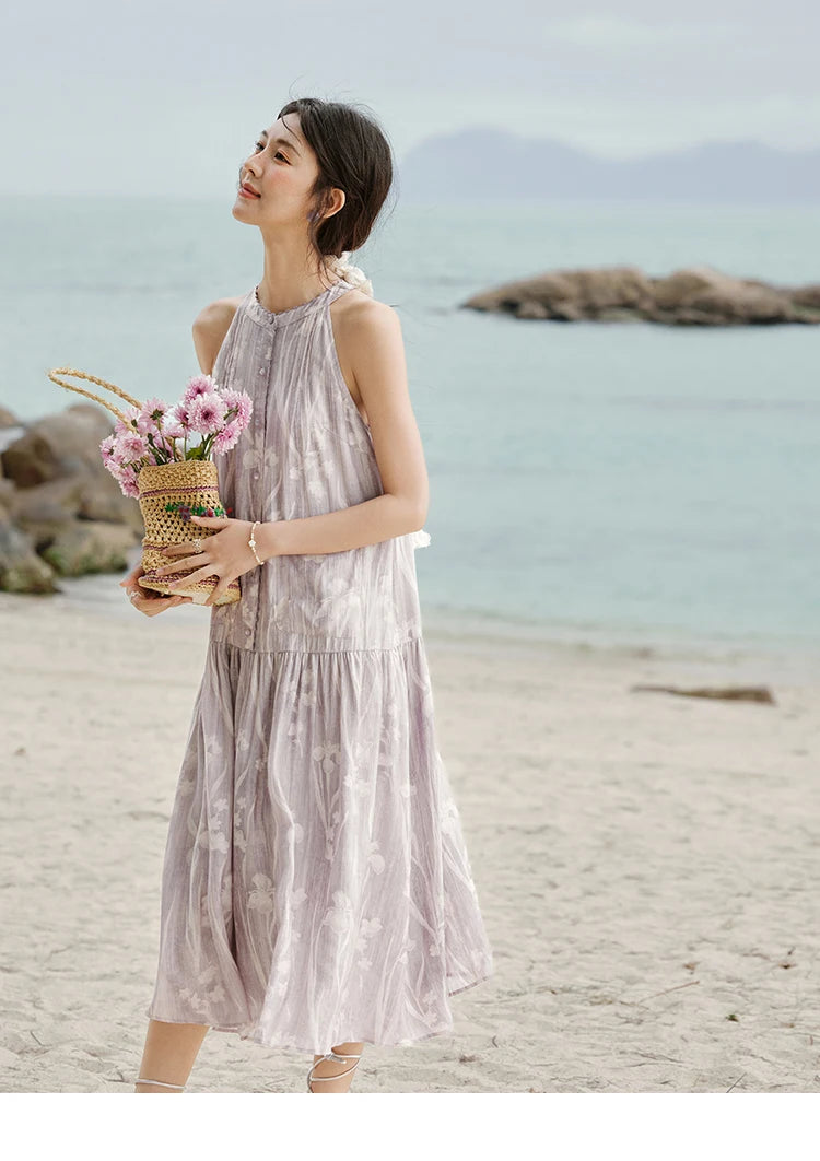 Mishow Purple Print Chiffon Stand Collar Dress MXE32L2163