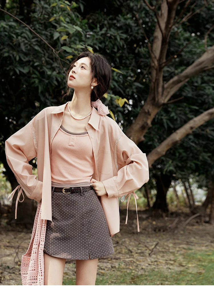 MISHOW Pink Long Sleeve Shirt Lace Bow Tie MXE16C0767