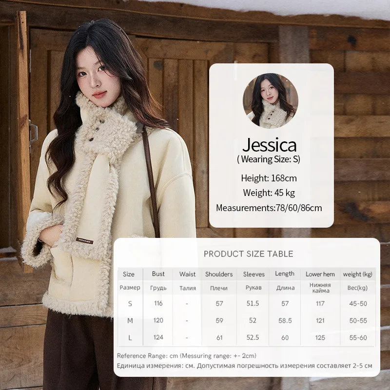 Mishow Cream Yellow Faux Suede Coat with Matching Scarf MXE91W1019