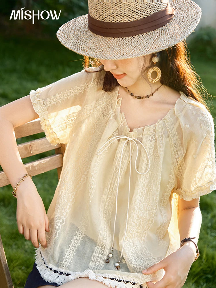 MISHOW Embroidered Jacquard Blouse O-Neck Lace Up MXE37X1861