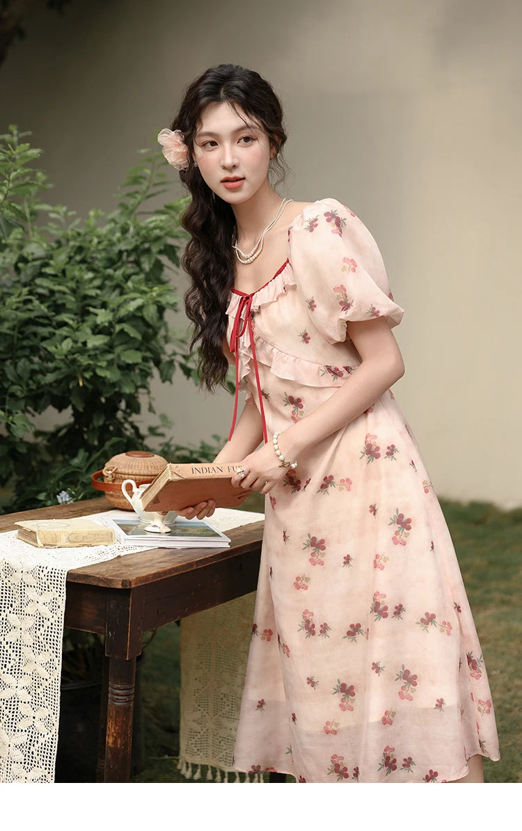 MISHOW Korean Floral Bubble Sleeve Lace-Up Dress MXD31L1924