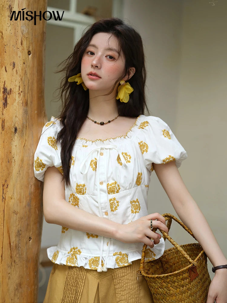 MISHOW Yellow Flower Embroidery Blouse Puff Sleeve Lace Up MXE35X1811