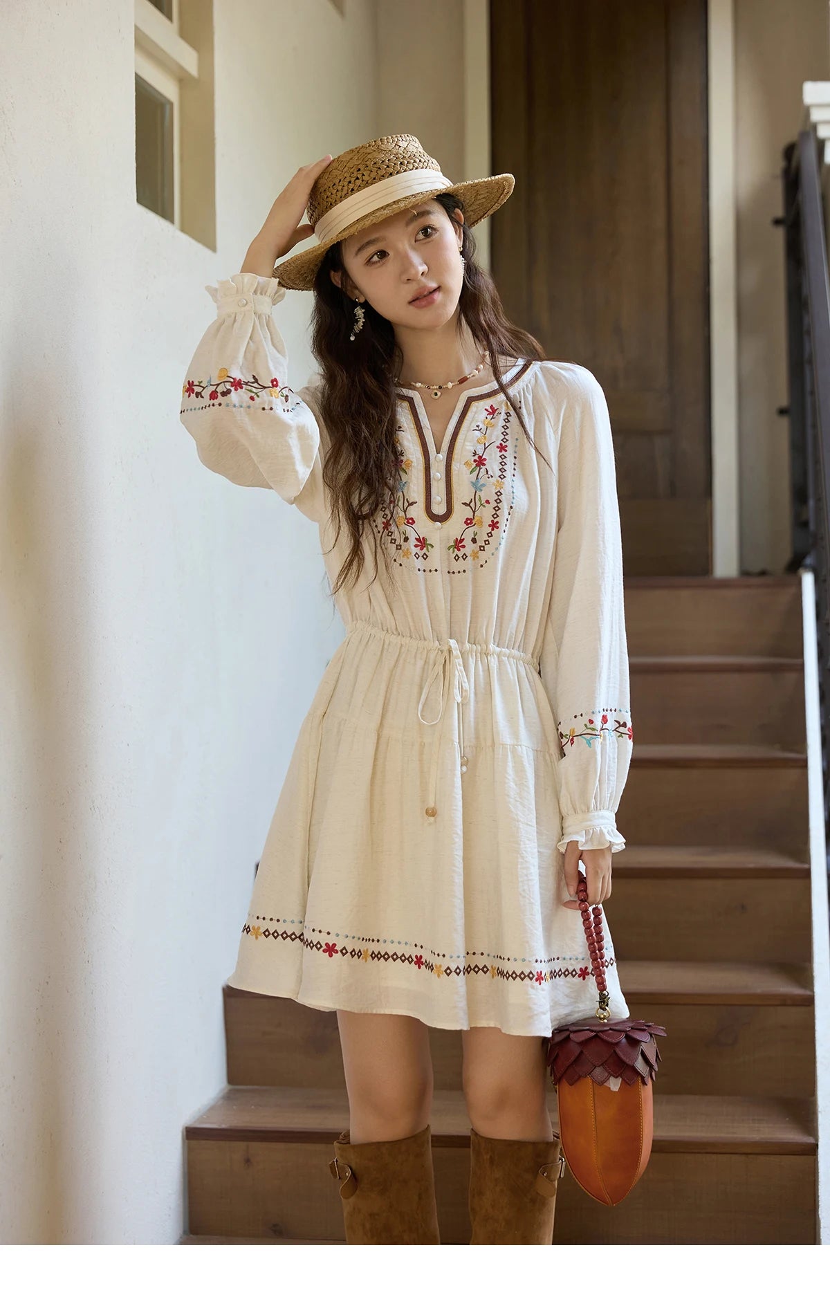 Mishow V-Neck Embroidered Drawstring Bohemian Dress MXE44L2489