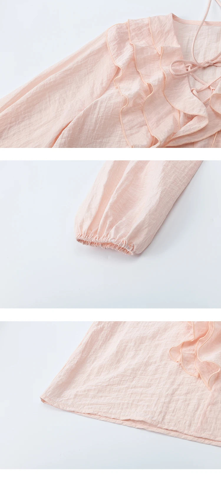 MISHOW Pink Ruffled Blouse V-Neck Lace Up Lantern Sleeve MXE49X2504