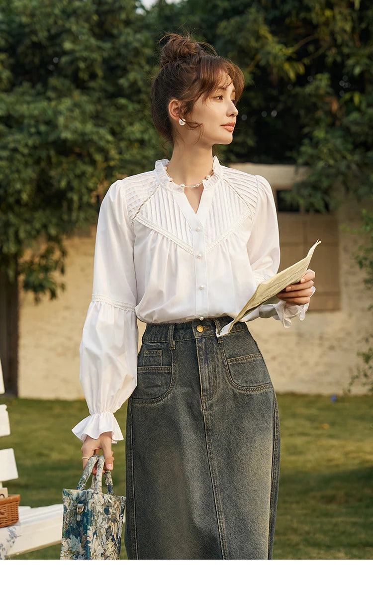 MISHOW French Pleated V-Neck Shirt Petal Patchwork Ruffle Sleeve MXD13X1354