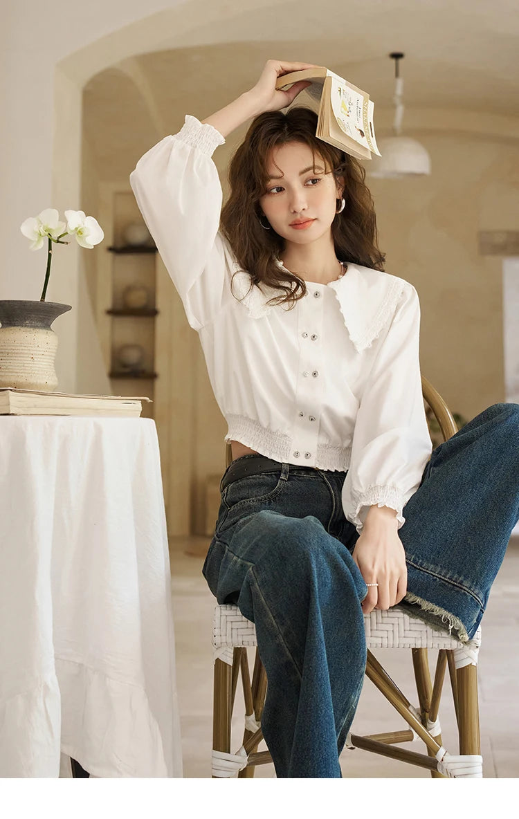 MISHOW Korean Doll Neck Shirt Lace Patchwork Bubble Sleeve Elastic Hem MXD12C0164