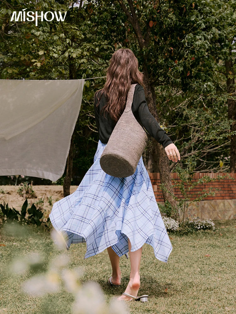 Mishow Blue Plaid Sleeveless A-Line Dress MXE33L2260