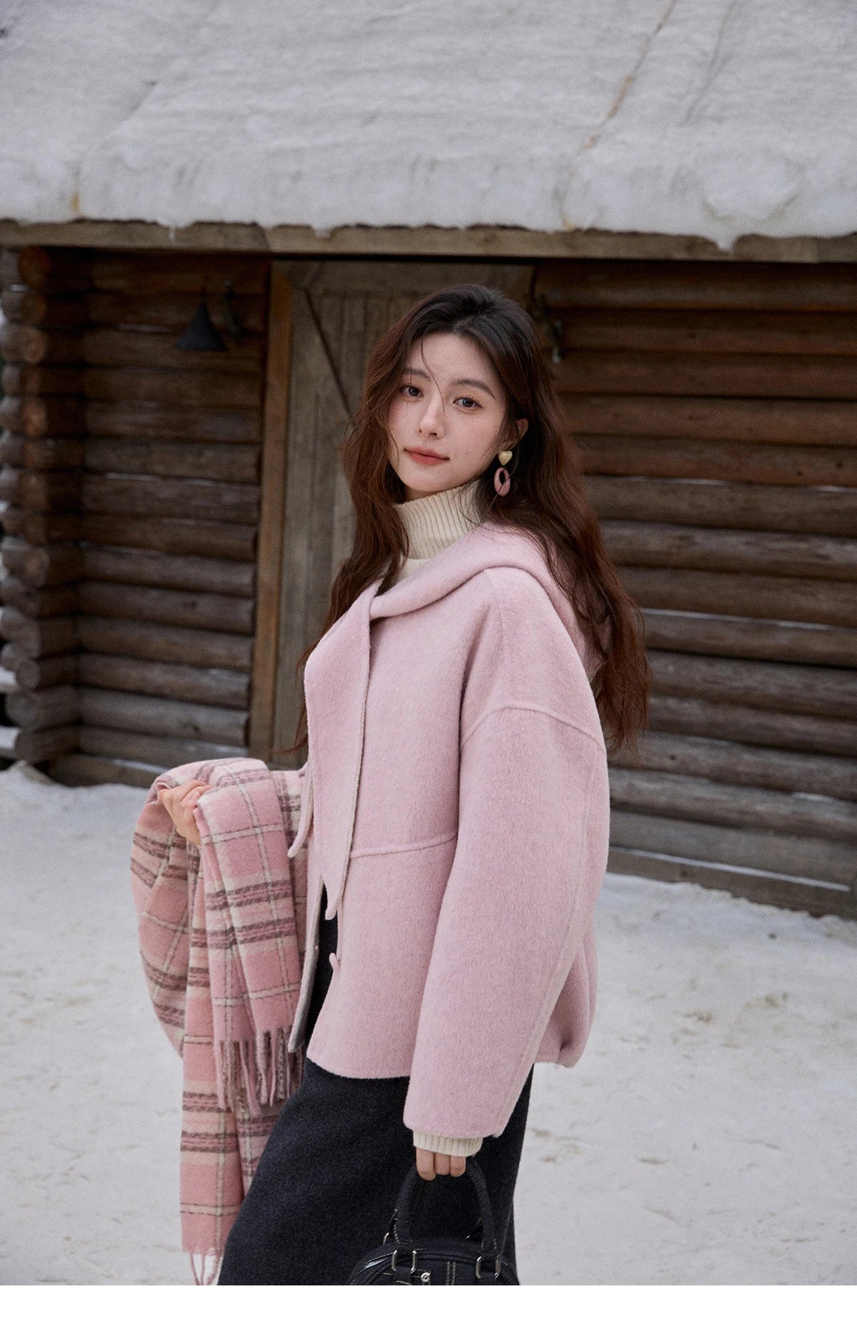 Mishow Pink Wool Hooded Bow Tie Strap Coat MXE91W1010