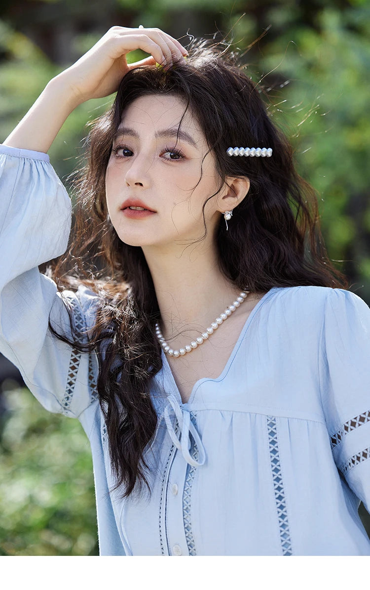 MISHOW Blue V-Neck Shirt Lace-Up Hollow Lantern Sleeve MXE12C0411