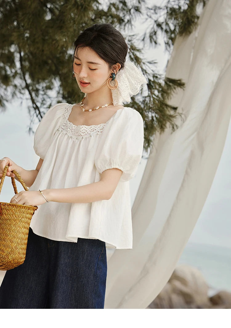 MISHOW Square Collar Puff Sleeve Blouse Lace Splicing MXE32X1780