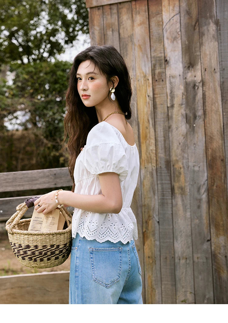 MISHOW Solid Short Puff Sleeve Blouse Hem Hollow Beading MXE33X1776