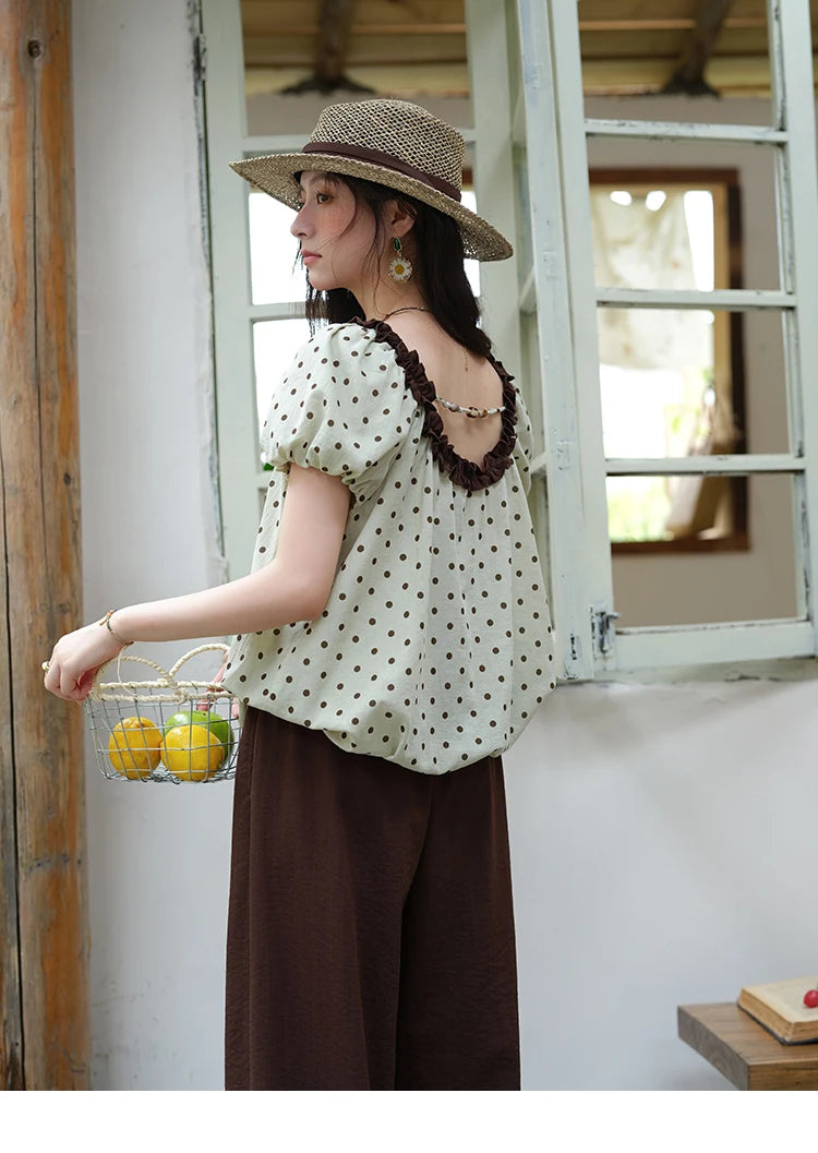 Mishow Polka Dot Puff Sleeve Top & Wide Leg Pants Set MXE39T0657