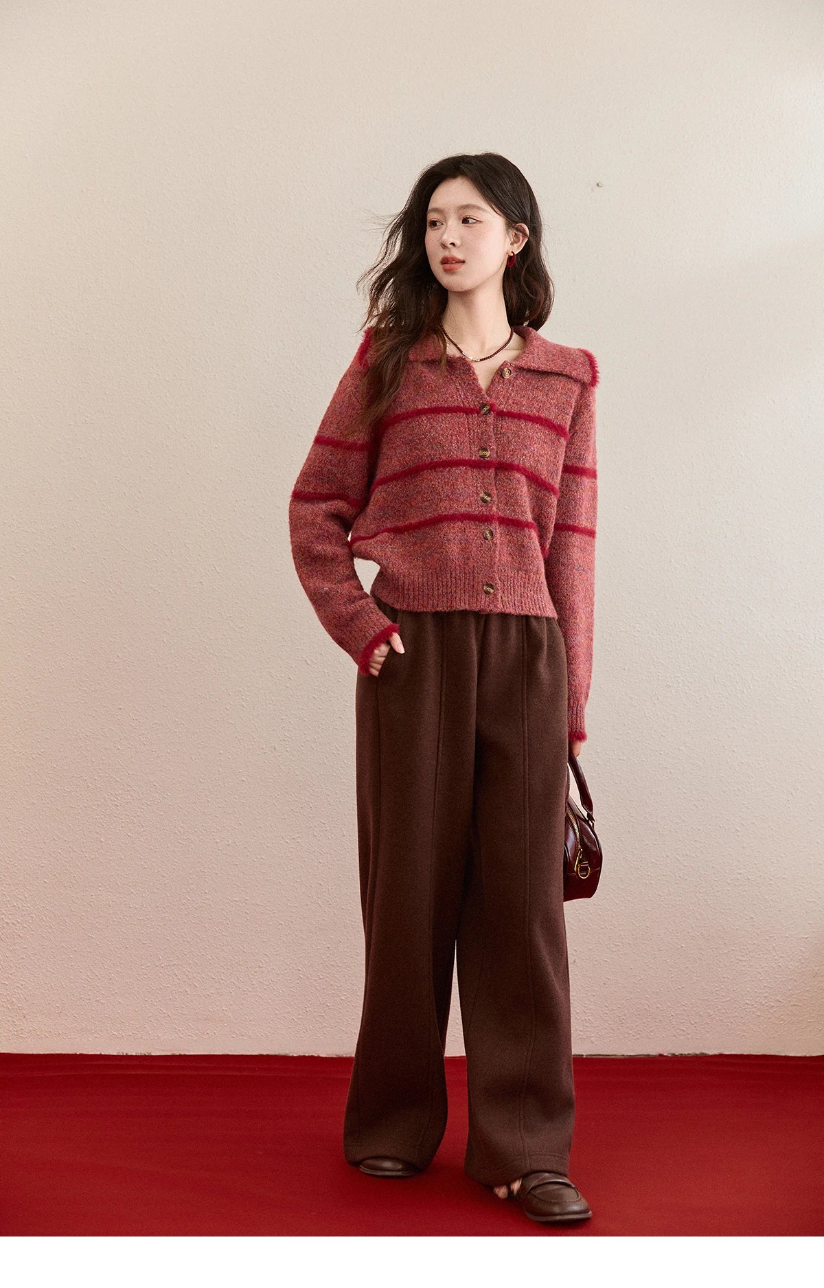 Mishow Red Striped Large Lapel Fleece Cardigan MXE94Z2888