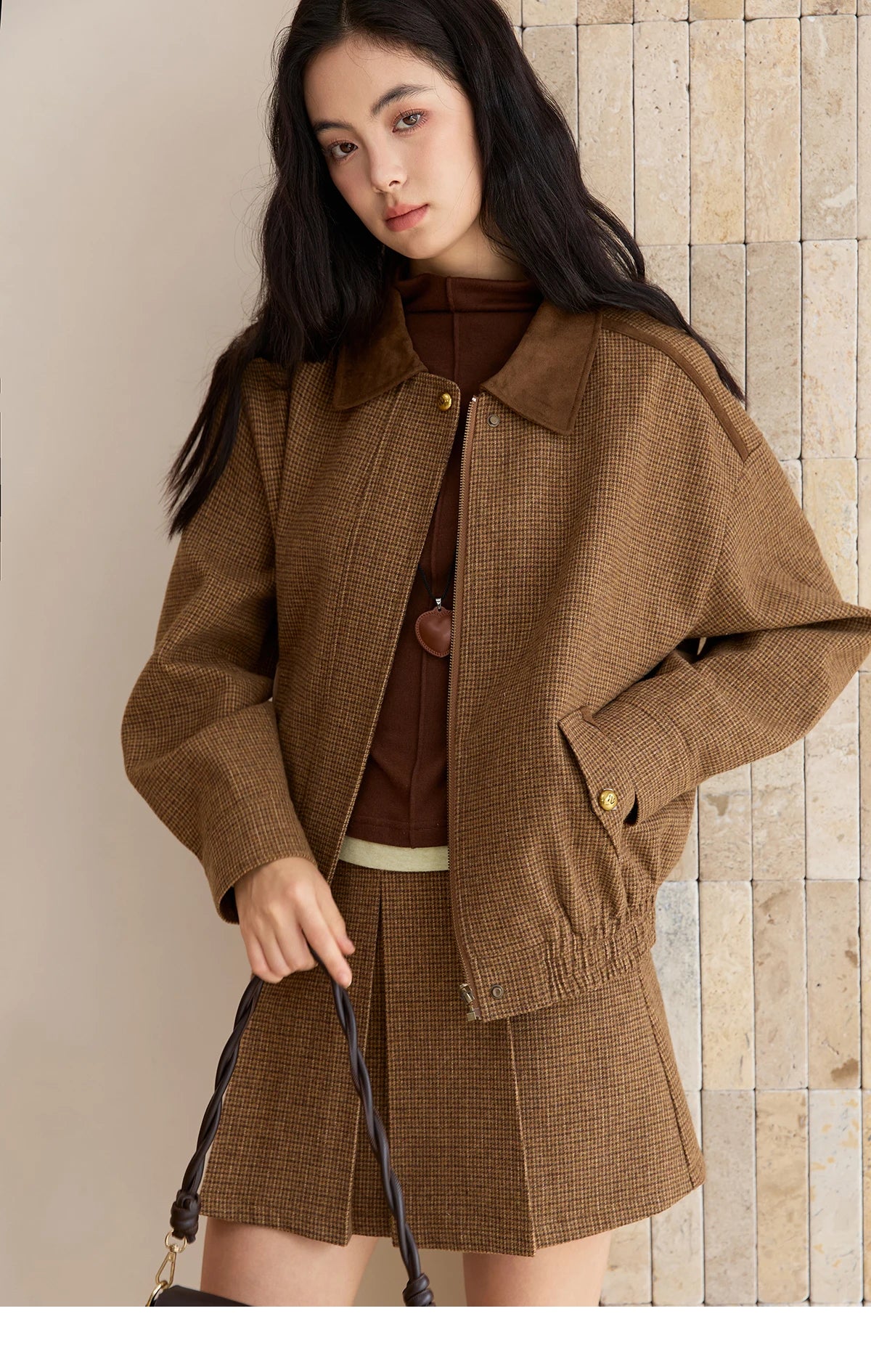 Mishow Plaid Zipper Jacket & Mini Pleated Skirt Set MXE49T1393
