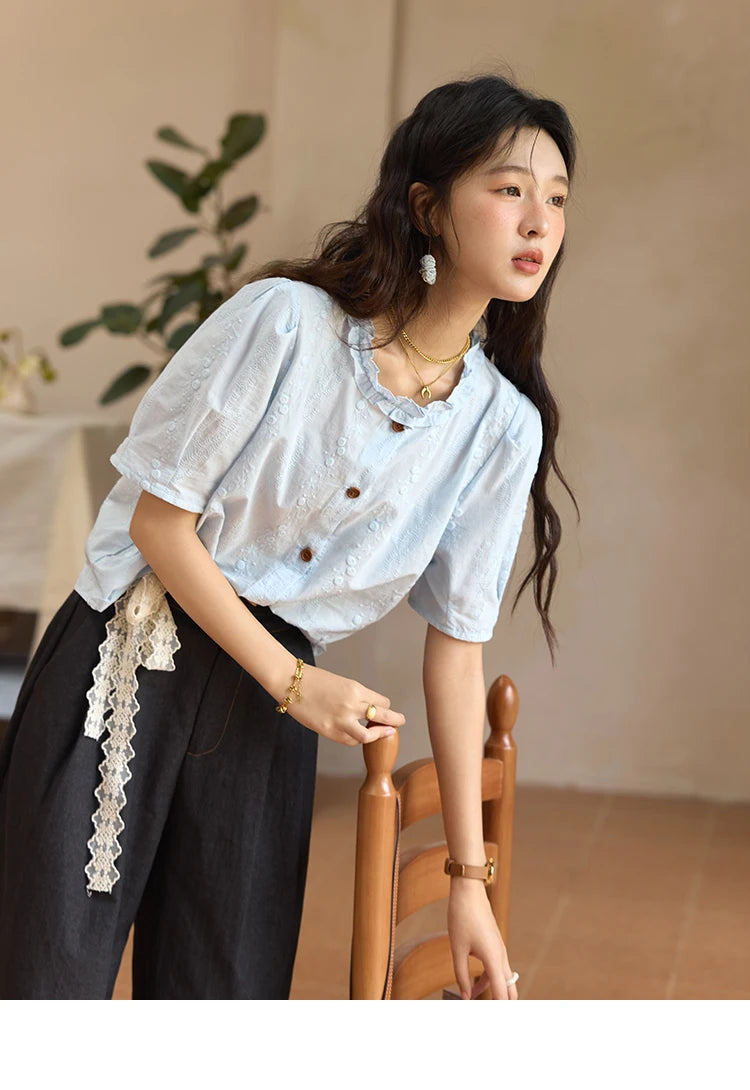 MISHOW 100% Cotton Puff Sleeve Shirt Round Neck Button MXE36X1873