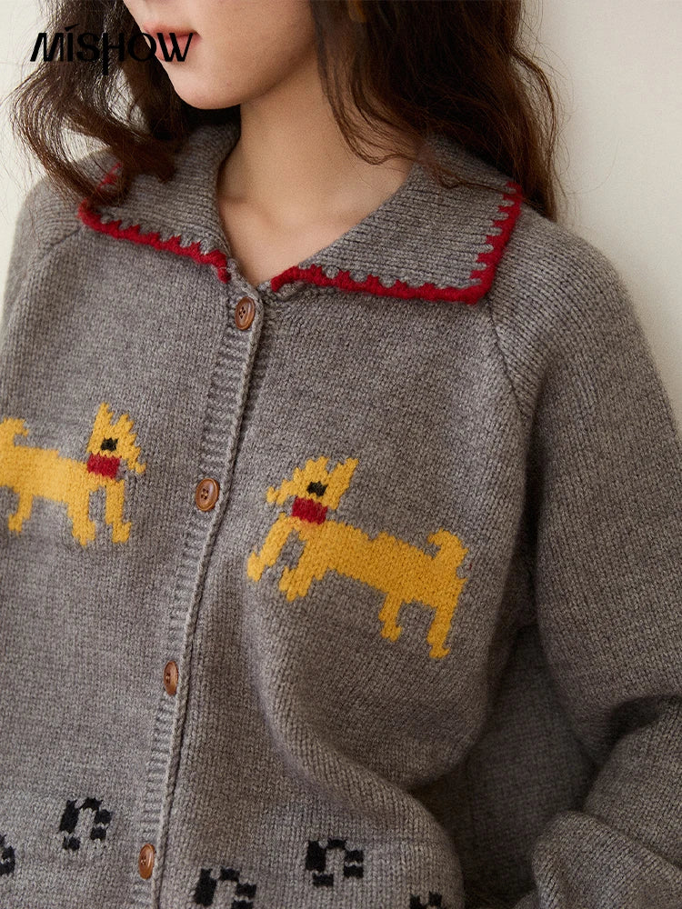 Mishow Dog Cartoon Jacquard Turn-Down Cardigan MXE86Z2727