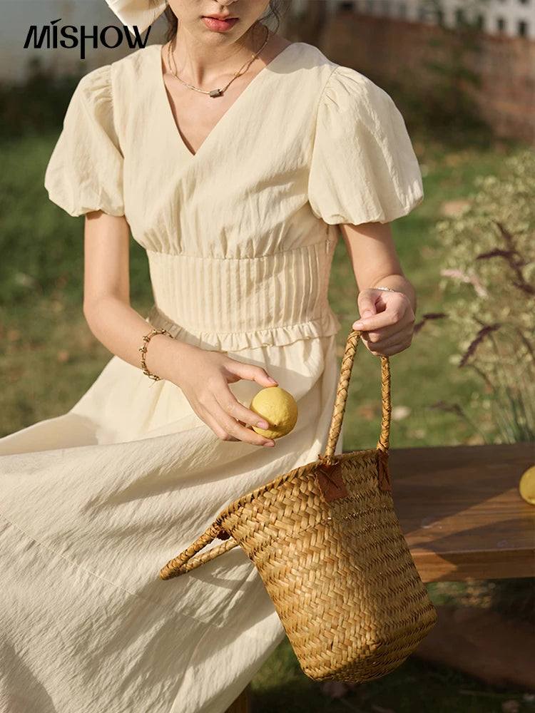 Mishow French Puff Sleeve V-Neck Cotton Dress MXE34L2288