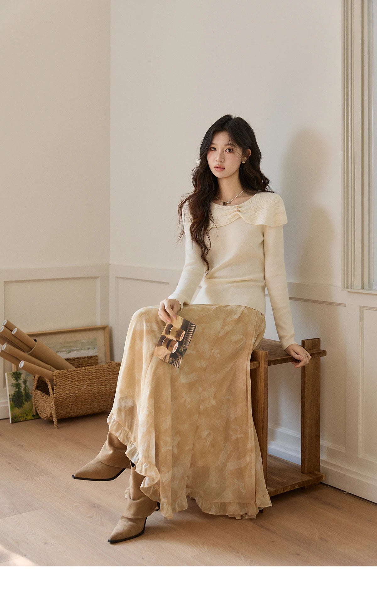 Mishow Beige Asymmetrical Collar Wool Sweater MXF11Z2918