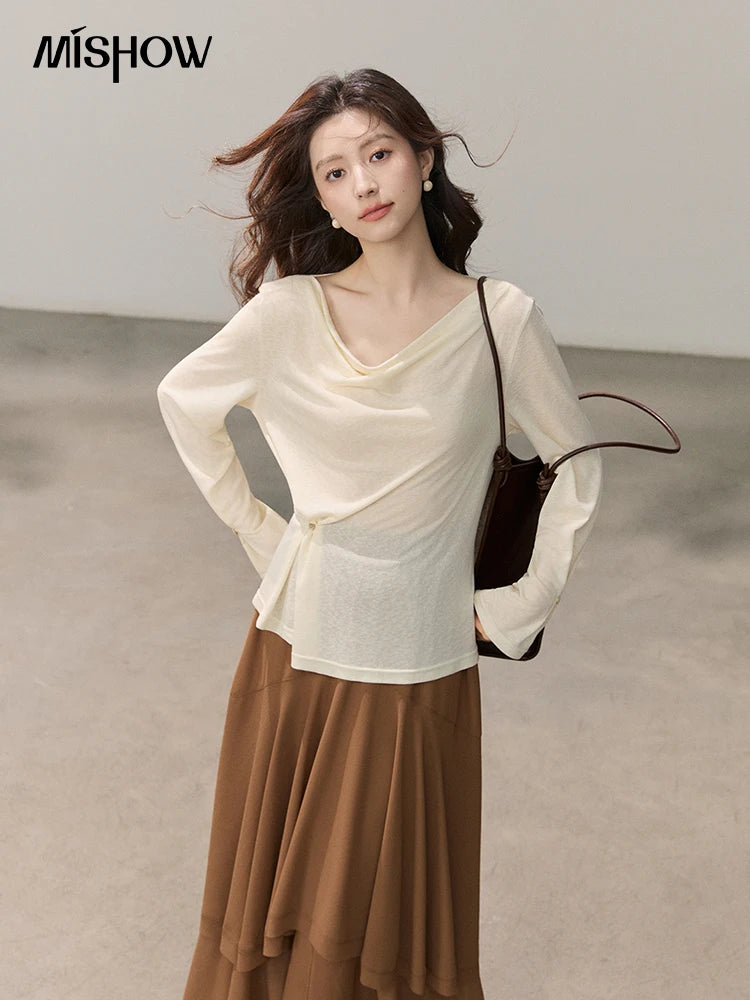 Mishow Multi Colored Swinging Collar Flare Sleeve Top MXF13T1473