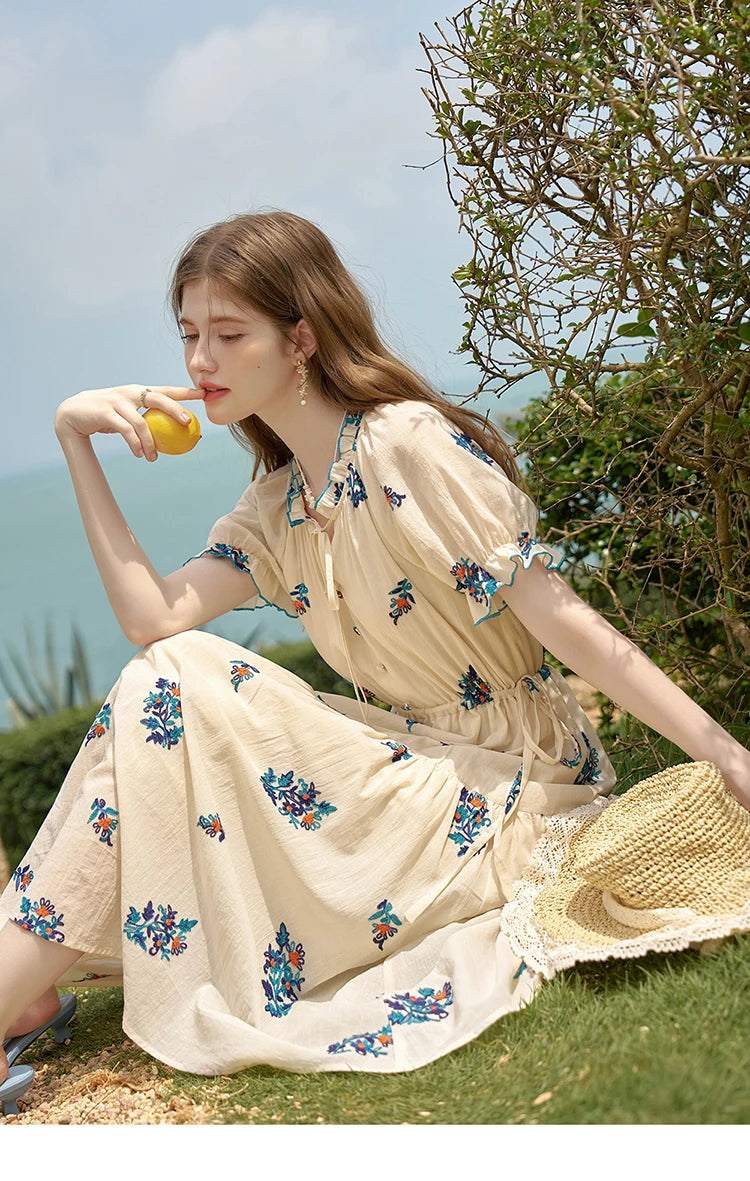 Mishow French Embroidered Flower Drawstring Dress MXD24L1835