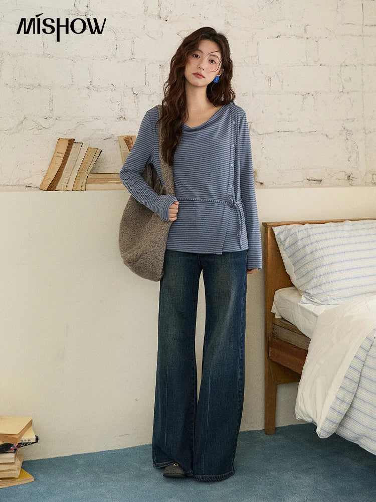 Mishow Retro Crew Neck Tie-Up Striped Top MXE87Z2700