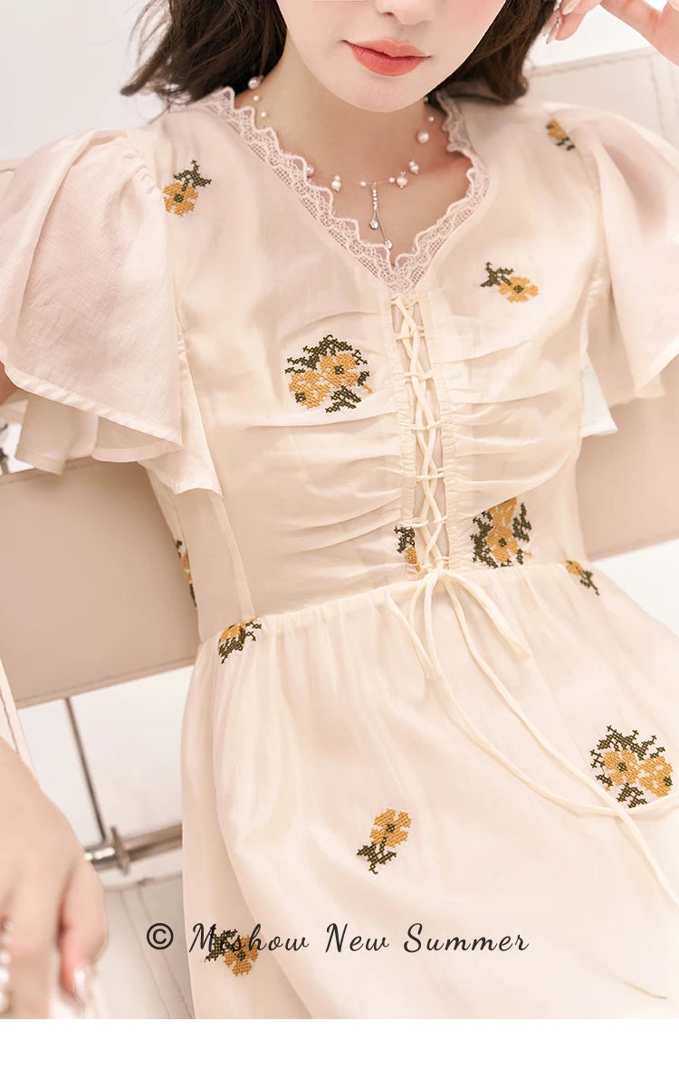 Mishow Van Gogh Sunflower Embroidered Butterfly Sleeve Dress MXC39L1524