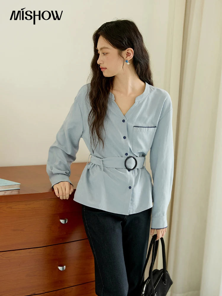 MISHOW Haze Blue Velvet Shirt Contrast Color Waist Sash MXE47X2497