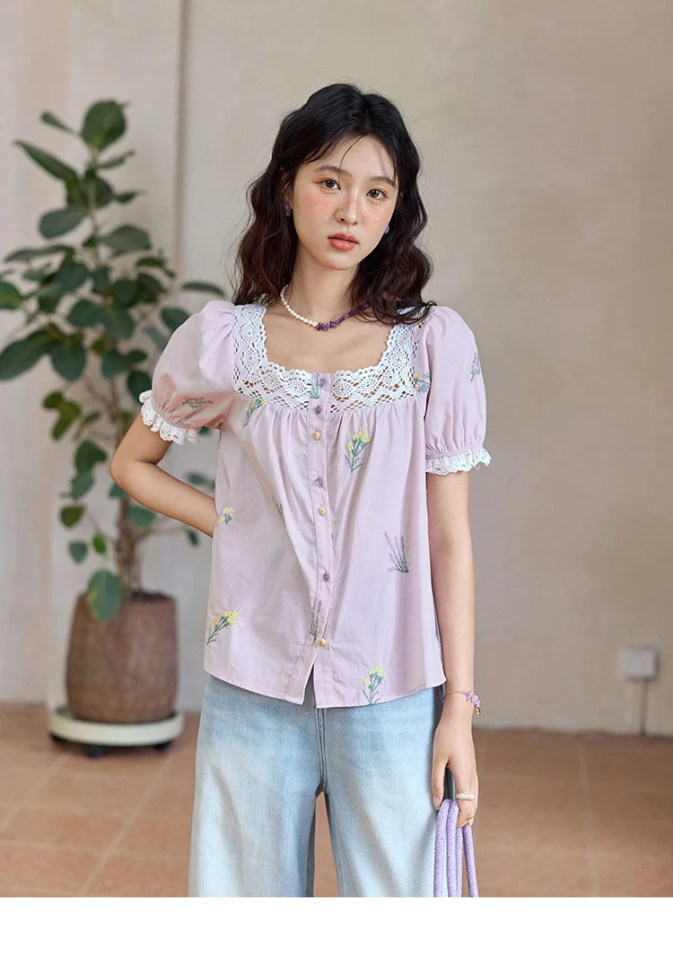 MISHOW Lace Patchwork Square Collar Blouse Puff Sleeve MXE36X1830