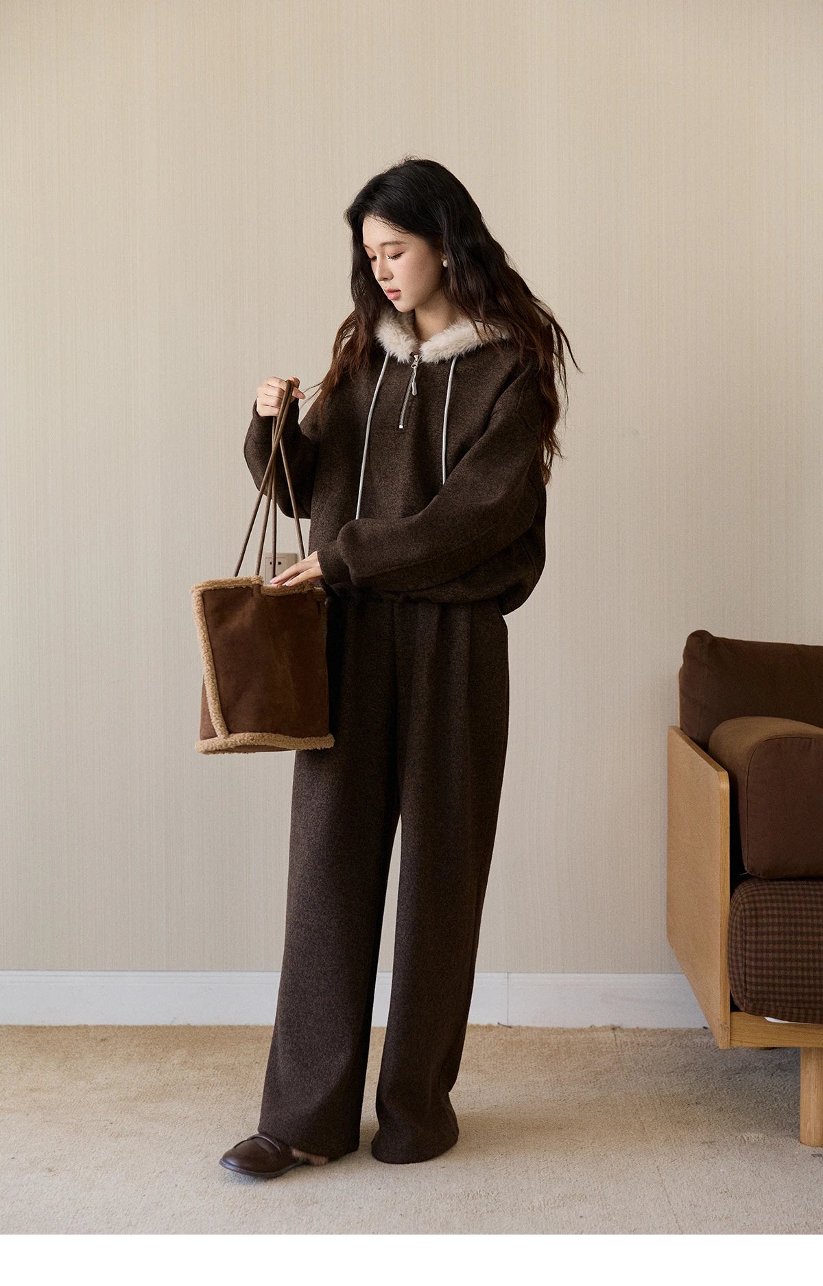 Mishow Brown Faux Fur Hood Sweatshirt & Wide Leg Pants Set MXE94T1476
