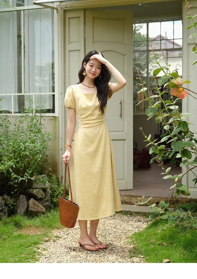 Mishow Square Neck Puff Sleeve Bamboo Jacquard Dress MXE39L2415
