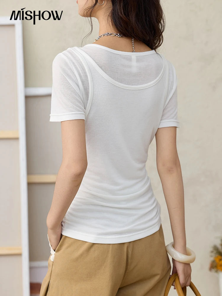 Mishow White Fake Two-Piece Bead Tee MXE35T0566