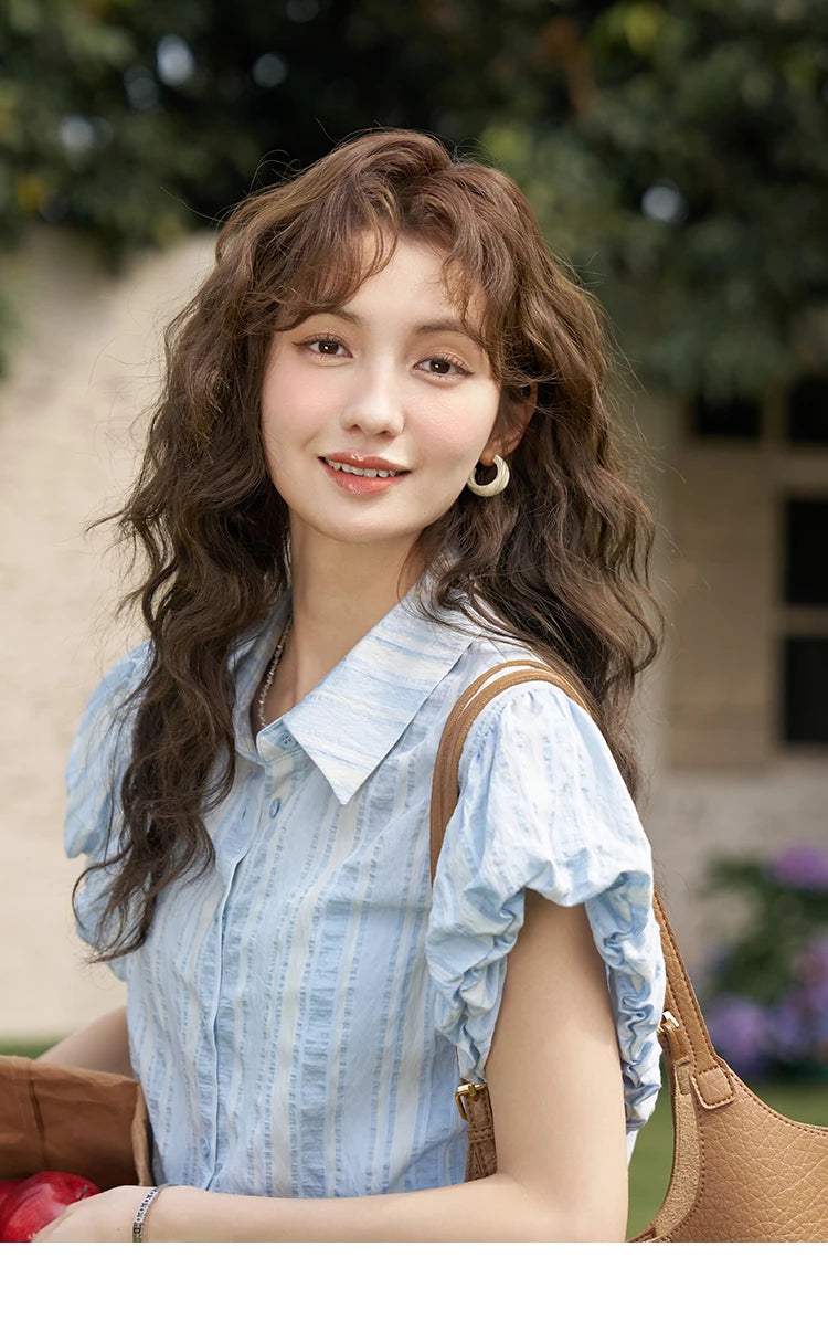 MISHOW Blue Striped Shirt Bubble Sleeves with Tube Top MXD24C0204