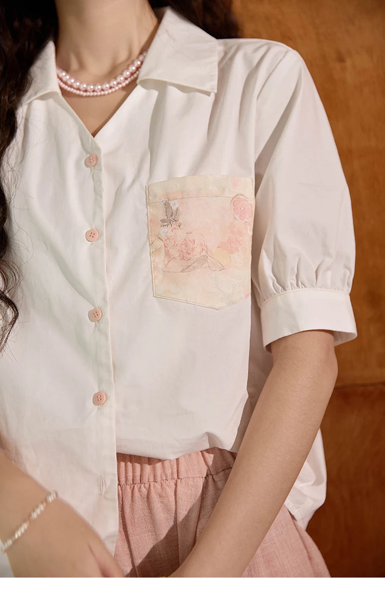 MISHOW Cotton Short Sleeve Shirt Embroidered Pocket Puff Sleeve MXD26C0243