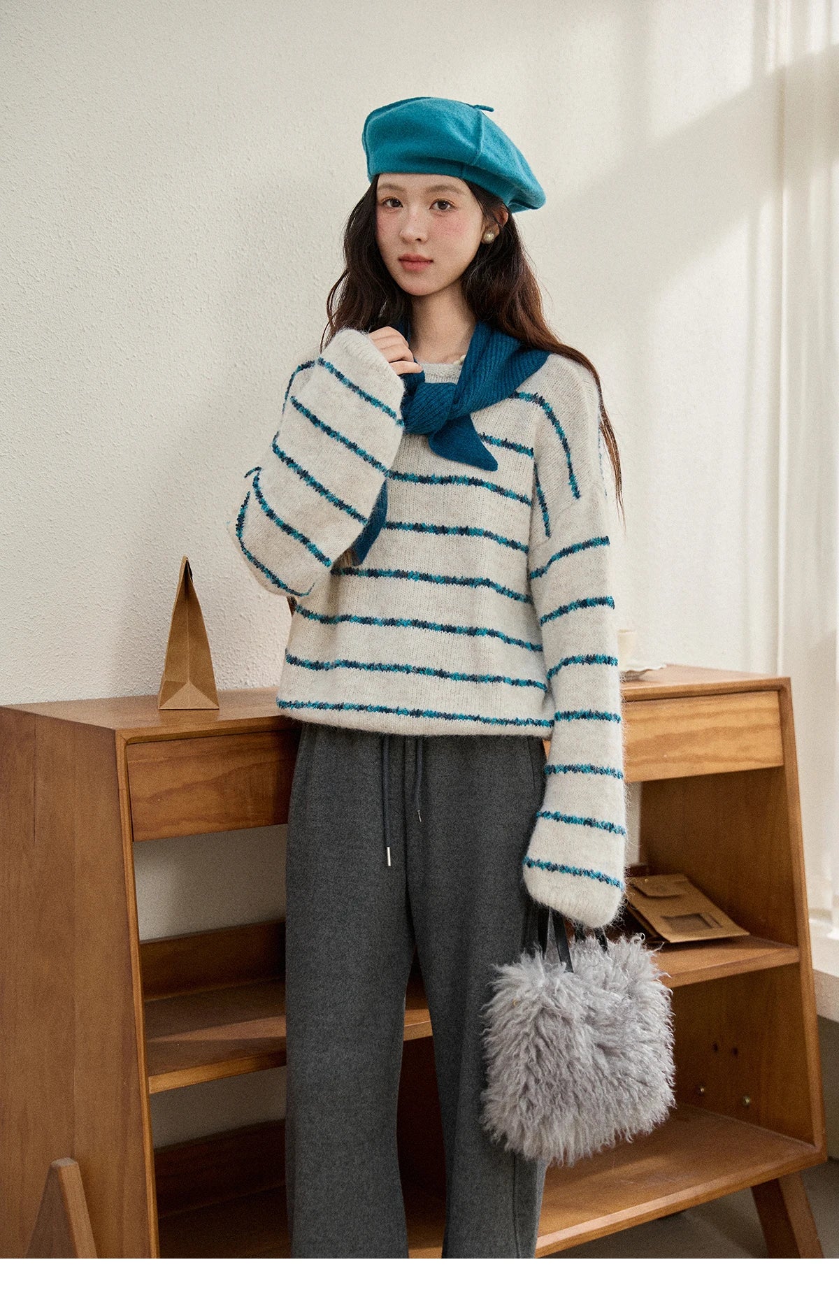 Mishow Blue Striped Alpaca Wool Sweater with Scarf Set MXE90Z2821