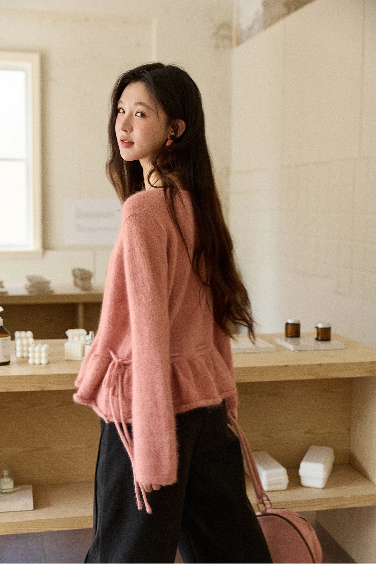 Mishow French Pink Ruffled Hem Pullover with Drawstring Belt MXE90Z2824
