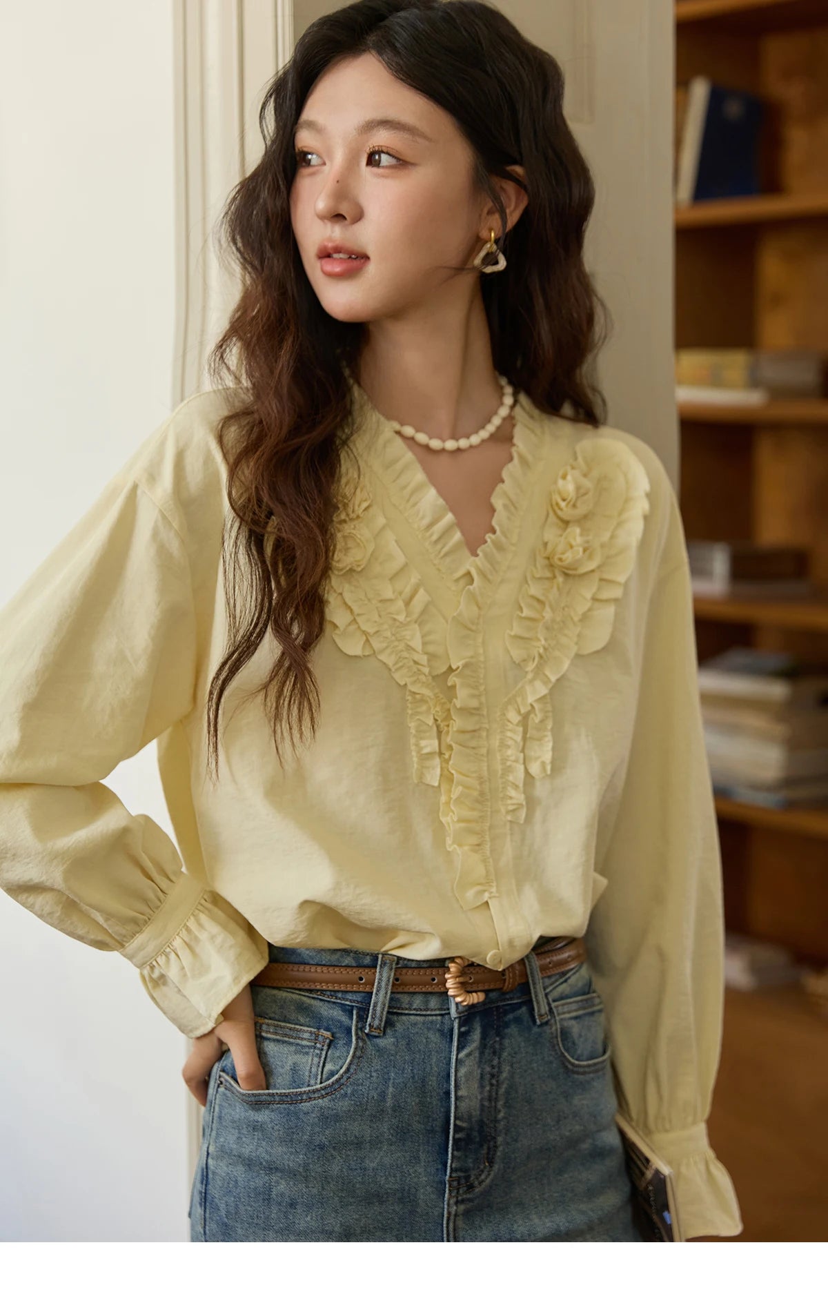 MISHOW Hand Sewn Rose Blouse Lantern Sleeves MXE44X2470