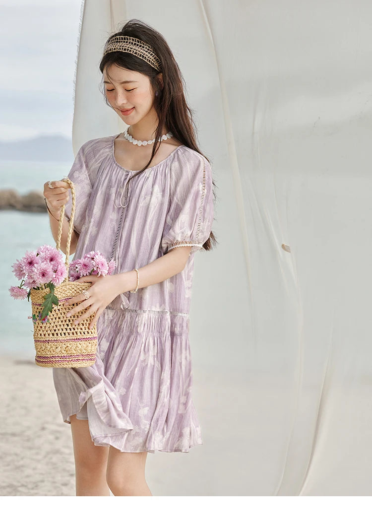 Mishow Print U-Neck Lace Hollow Chiffon Dress MXE32L2164