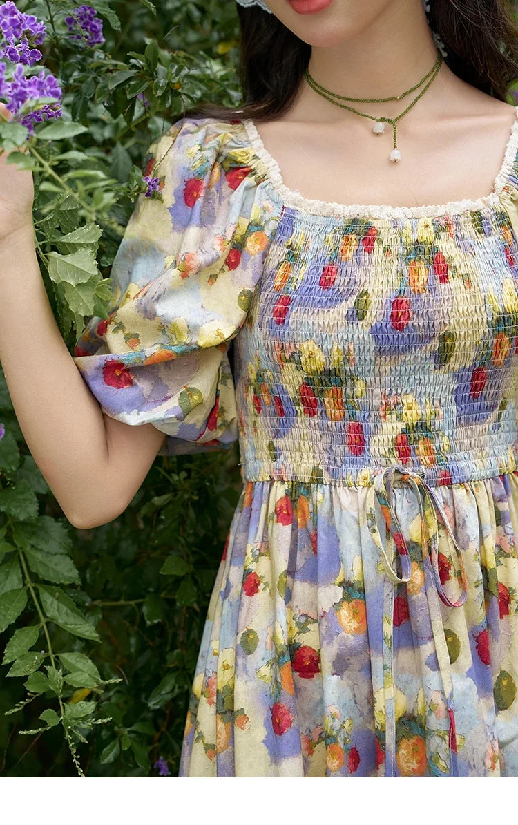 Mishow Floral Smocked Puff Sleeve Beach Dress MXD24L1905