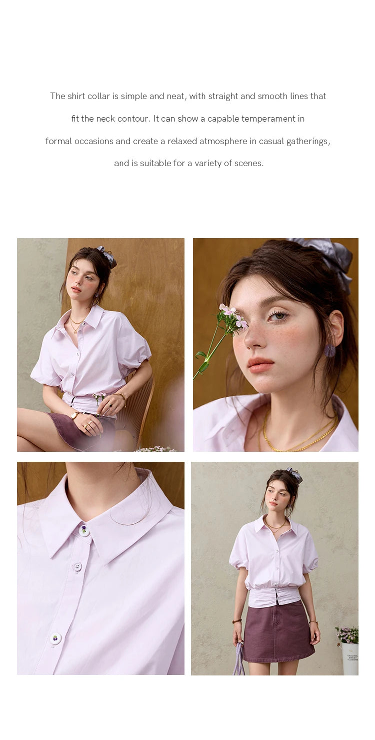 MISHOW Purple Cotton Blouse Turn-Down Collar Short Sleeve MXE32X1794