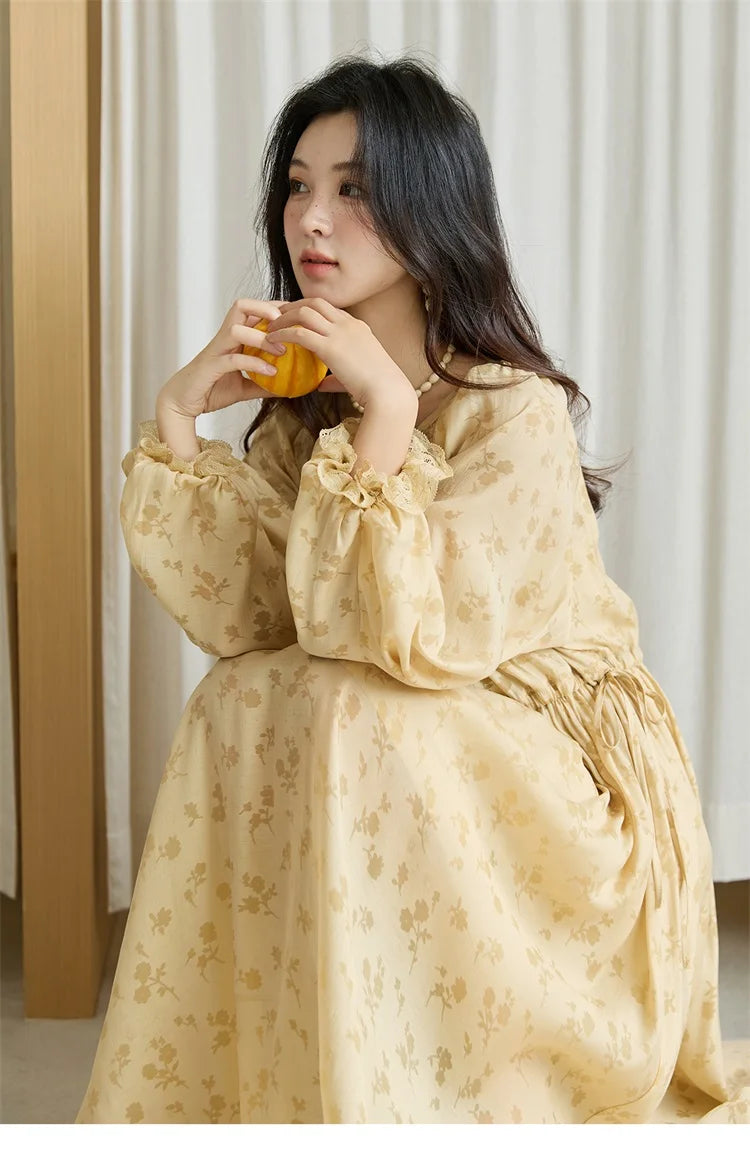 MISHOW Yellow Print Lace Lantern Sleeve Dress MXE47L2527