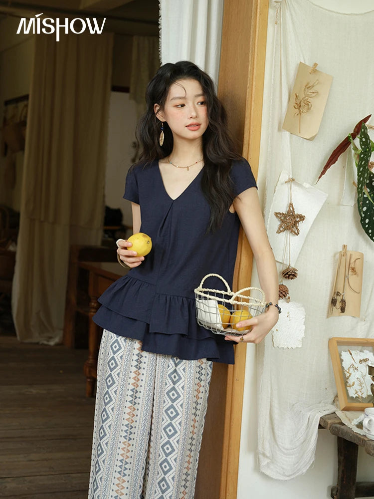 Mishow Lotus Leaf Edge V-Neck Blouse & Geometric Wide Leg Pants Set MXE39T0670