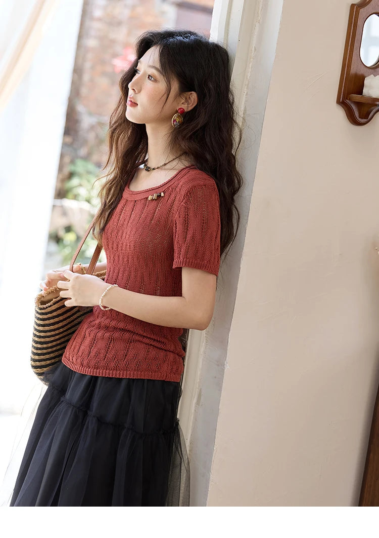 Mishow Retro Red Hollow Bead Knit Tee MXE35Z1271