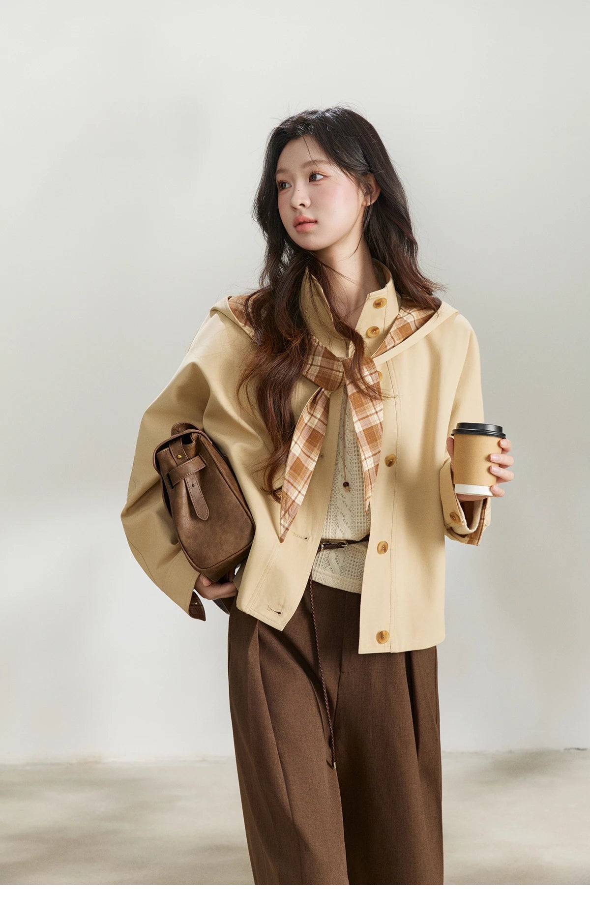 MISHOW Khaki Cropped Trench Coat Lapel Stand Collar MXF108W1003