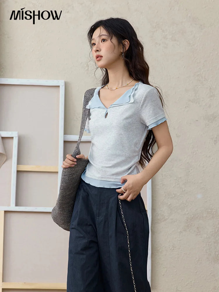 Mishow Grey Blue Fake Two-Piece Wavy Edge Tee MXE35T0567
